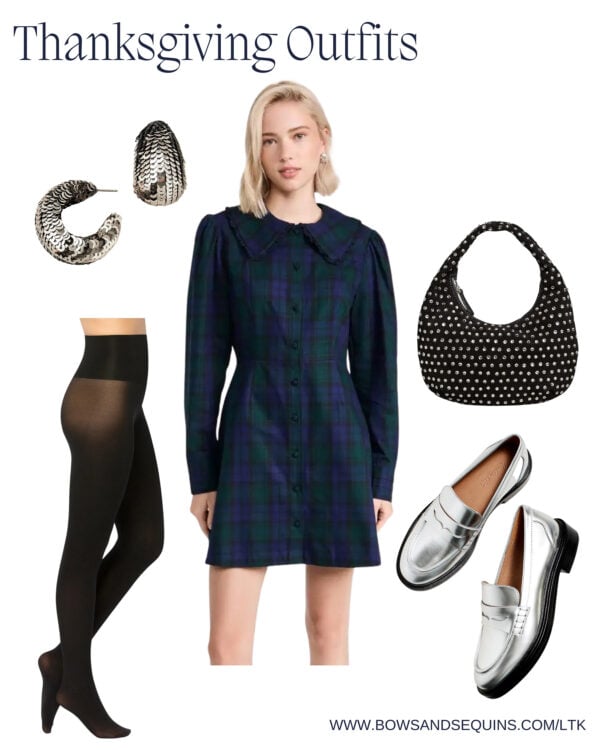 How to Style a Plaid Dress for Thanksgiving: Silver Lugsole Loafers, Sequin Hoop Earrings, Crystal-Embellished Bag
