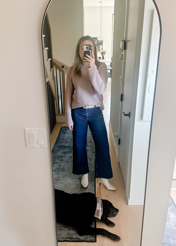 Chicago blogger wearing a Quince cashmere sweater with Mango high waist wide leg jeans and Sam Edelman kitten heel boots.