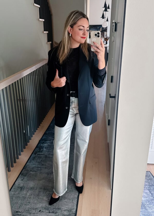 Chicago fashion blogger styling a pair of silver jeans with an oversized blazer.