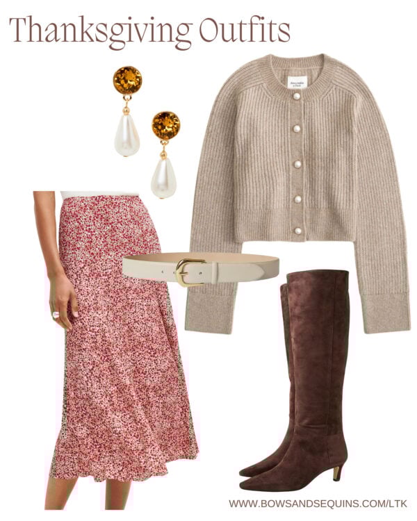 Cute Thanksgiving Day Outfit: Cardigan with Pearl Buttons, Floral Skirt, and Suede Knee Boots
