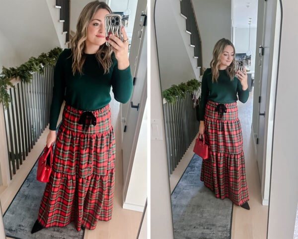 Chicago fashion blogger wearing a J.Crew tartan plaid maxi skirt with a green sweater for a Christmas dinner.