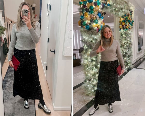 Chicago blogger wearing a black sequin skirt with silver lug sole loafers at the Four Seasons.