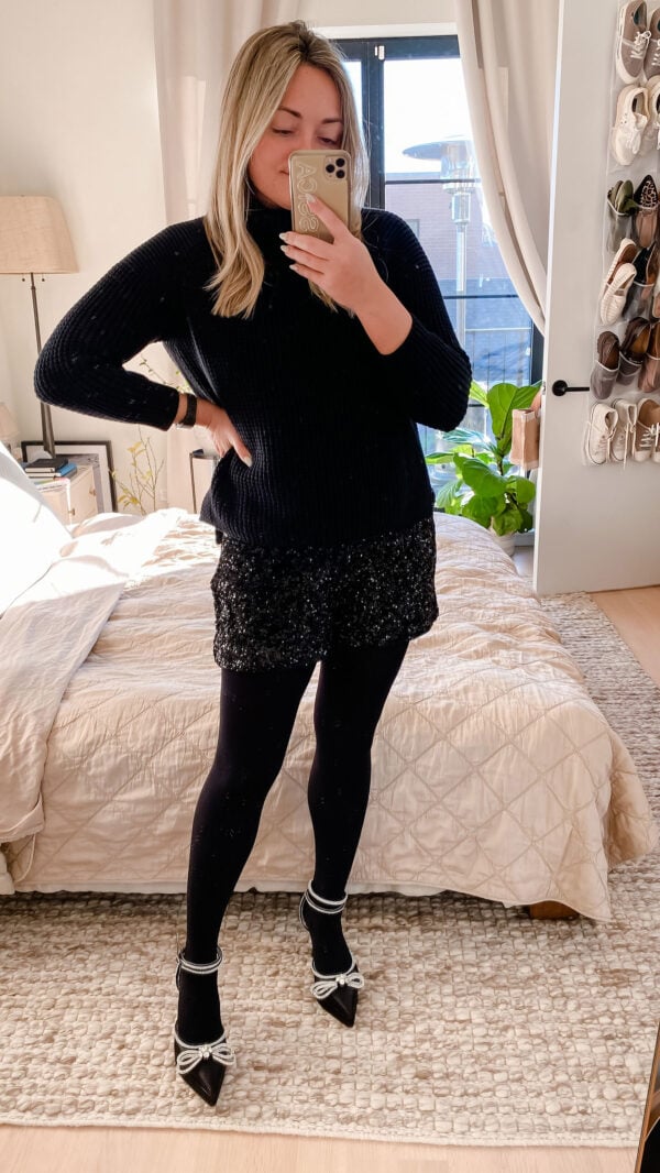 525 Turtleneck Sweater, Express Sequin Shorts, Black Tights, Mach & Mach Crystal Bow Platform Pump Dupes