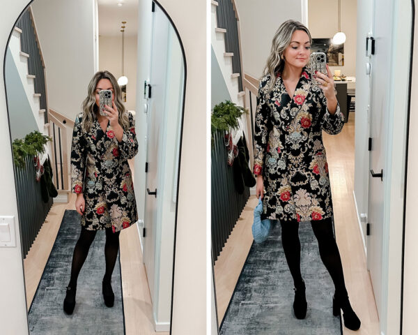 Chicago blogger wearing a floral jacquard blazer dress with platform heels.
