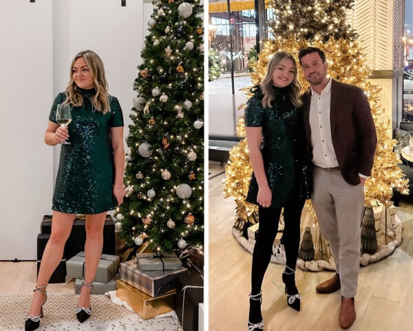 Staud Sequin Mini Dress with Platform Crystal Bow Pumps