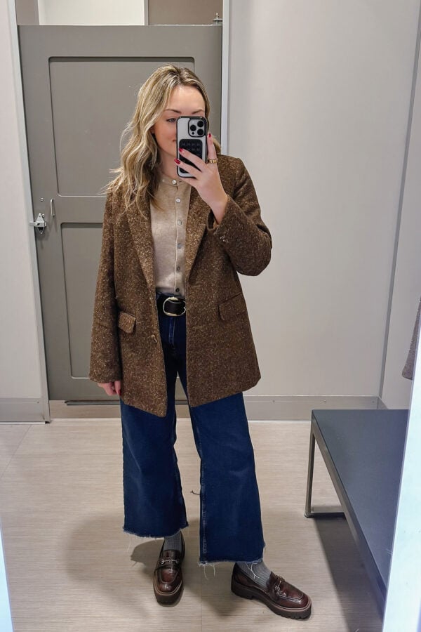 Chicago fashion blogger wearing oversized brown blazer with cropped wide leg jeans, visible socks, and chunky Lugsole loafers.