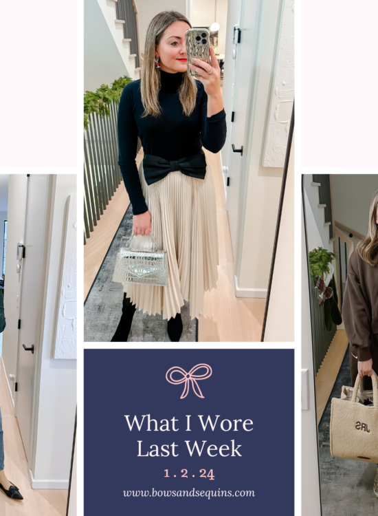 Style blogger Jessica Sturdy wearing a dressed up dinner outfit, a casual but festive blazer and jeans outfit, and a travel outfit with a matching jogger set and teddy tote bag.