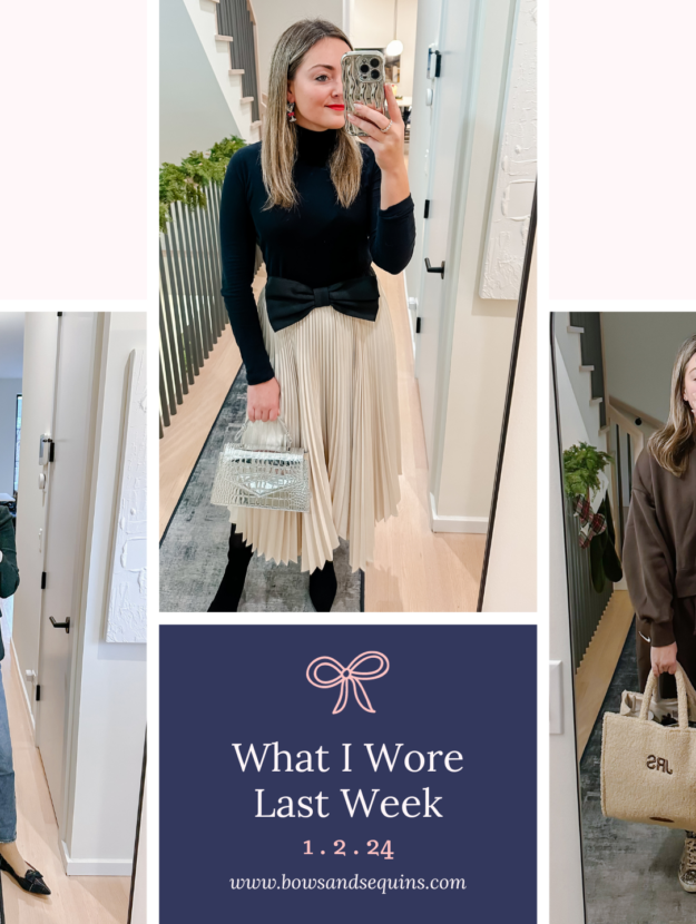 Style blogger Jessica Sturdy wearing a dressed up dinner outfit, a casual but festive blazer and jeans outfit, and a travel outfit with a matching jogger set and teddy tote bag.