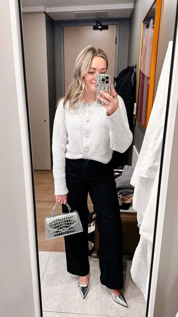 Abercrombie Pearl Button Cardigan Sweater, Old Navy Wide Leg Jeans, Silver Pumps, Silver Mini Bag