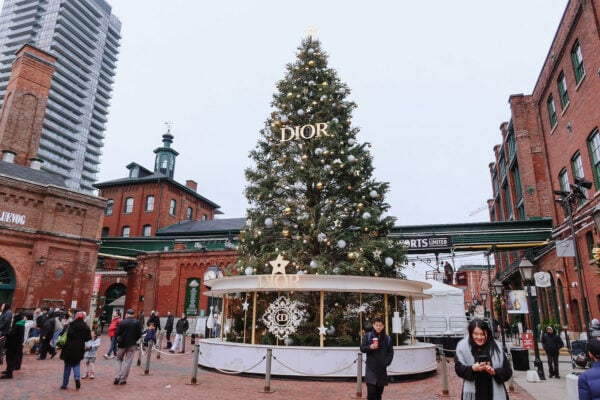 Distillery District in Old Toronto with Christian Dior Christmas Tree Decorations