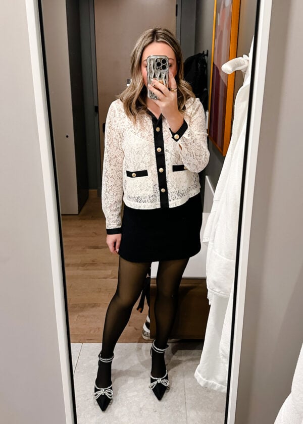 J.Crew Black and White Lace Top with Gold Buttons, Mango Tweed Skirt, Sheer Tights Fleece Leggings, Mach & Mach Dupes
