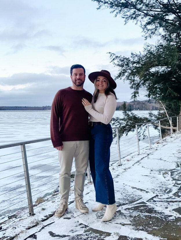 Dave and Jessica at a lake house in Vermont sharing the news of their engagement