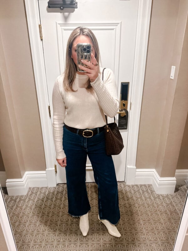 Autumn Cashmere Ribbed Sweater, Mango Wide Leg Jeans, Sam Edelman Cream Booties, Brown Bottega Shoulder Bag, Brown Leather Belt