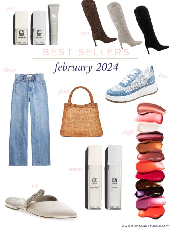 February Best Sellers on the Bows & Sequins blog. U Beauty, Birdies Slippers, Abercrombie jeans, Marc Fisher boots, Revolve rattan handbag, and Target sneakers