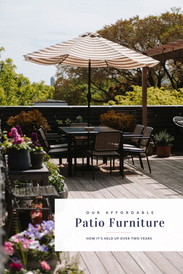 Chicago home decor blogger Bows & Sequins shares tips for shopping for affordable outdoor patio furniture, as well as her review for her rooftop outdoor dining set from Target