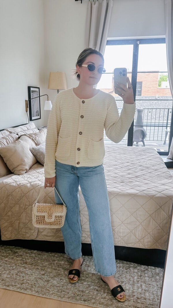 Chicago blogger wearing an Amazon ba&sh sweater dupe.