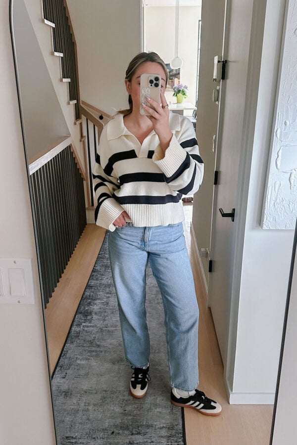 Chicago blogger wearing a striped polo sweater from Revolve with Adidas Sambas.