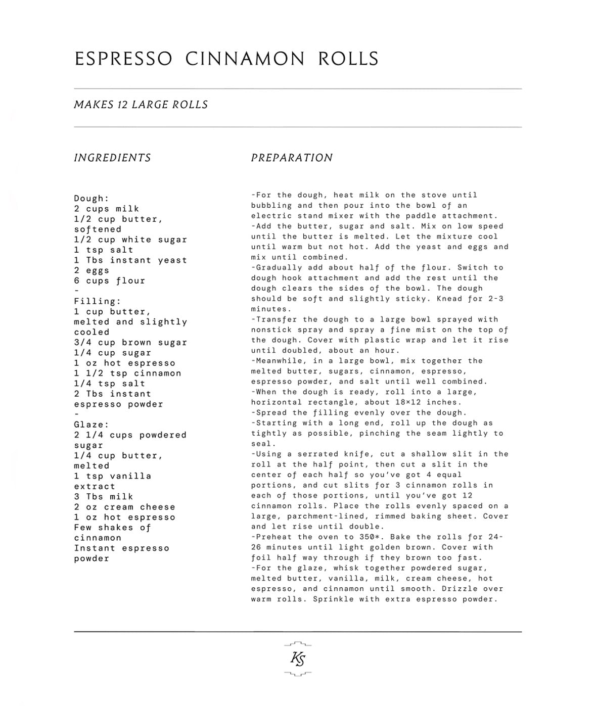 Espresso cinnamon rolls recipe card with ingredients and preparation steps